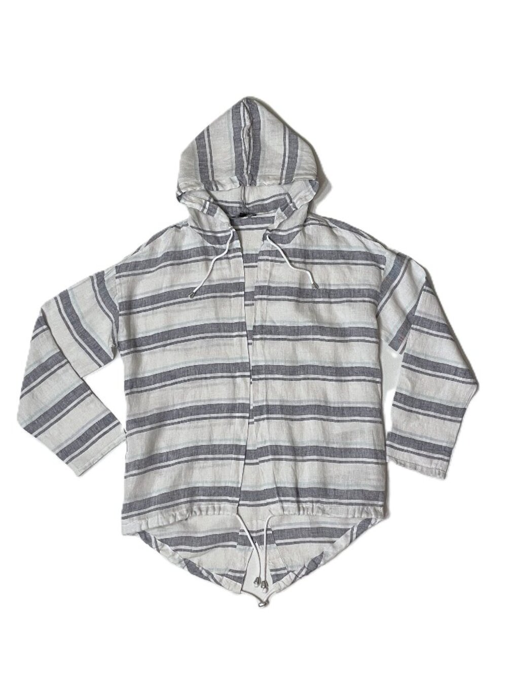 Charlie B Jacket Top Small 100% Linen Open Front Hoodie Gray Blue Stripe Beach